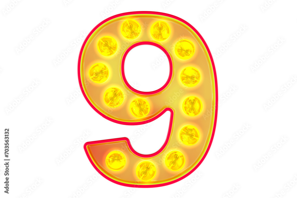 Poster light bulb number 9, glowing retro font. 3d rendering isolated on transparent background