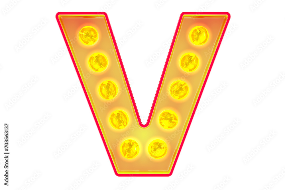 Fototapete light bulb letter v, glowing retro font. 3d rendering isolated on transparent background