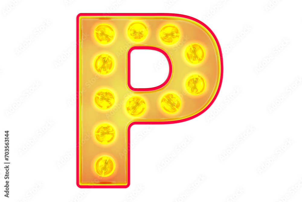Fototapete light bulb letter p, glowing retro font. 3d rendering isolated on transparent background