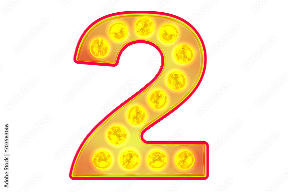 Poster light bulb number 2, glowing retro font. 3d rendering isolated on transparent background