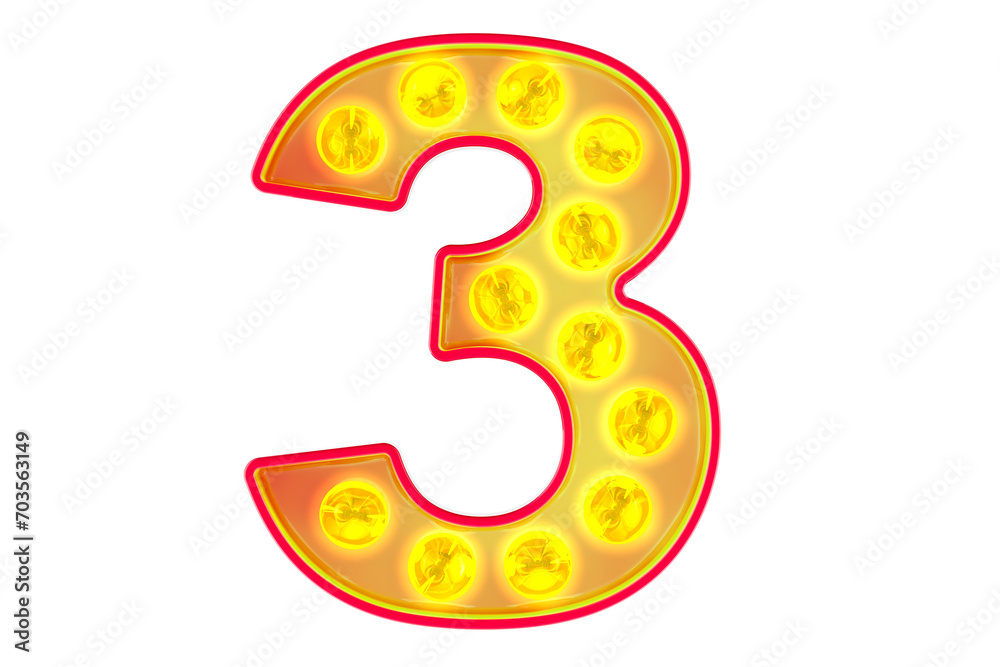 Fototapete light bulb number 3, glowing retro font. 3d rendering isolated on transparent background