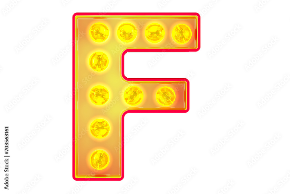 Fototapete light bulb letter f, glowing retro font. 3d rendering isolated on transparent background