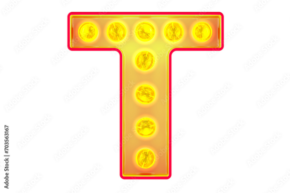Fototapete light bulb letter t, glowing retro font. 3d rendering isolated on transparent background