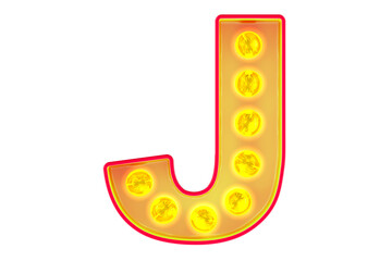Light bulb letter J, glowing retro font. 3D rendering isolated on transparent background