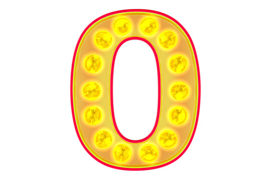 Light bulb number 0, glowing retro font. 3D rendering isolated on transparent background