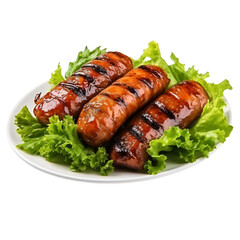 fried grilled sausages, homemade sausage, grilled sausages isolated, transparent background cutout, white background