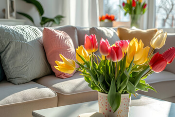 Living room with pastel colored pillows and fresh tulips on the table. Spring decor concept. Generative AI