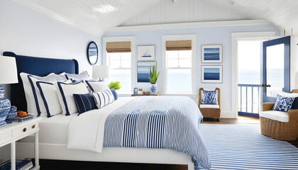 beautiful blue and white bedroom with nautical and coastal decor