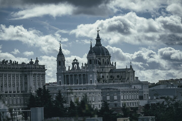 Obraz premium Exterior view of colorful historic buildings in the center of Madrid, from different angles, traditional street scene in Madrid European Spain