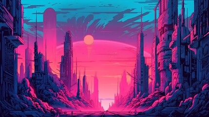 Vibrant Digital Art of a Futuristic Cityscape Bathed in Pink and Blue Hues
