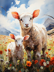 A sheep and a lamb in a meadow