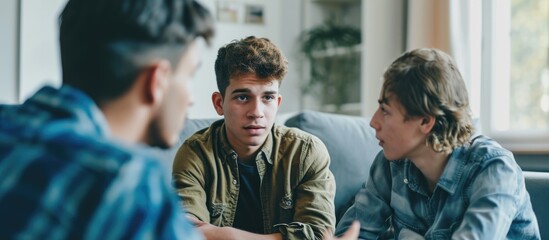 Father and teenage son meeting social worker and psychologist discussing mental health in therapist's office. - obrazy, fototapety, plakaty