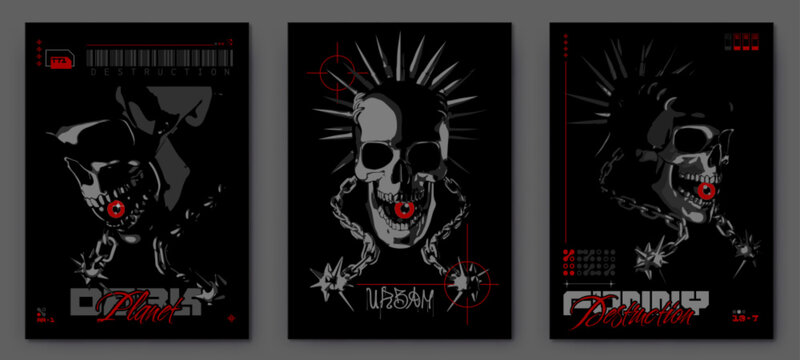 Retro futuristic posters skulls from different angles, Geometric objects and graffiti inscriptions, isolated Vector work