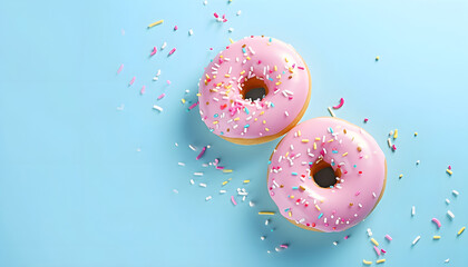 Flying pink sprinkled donuts. Sweet doughnut on pastel blue background