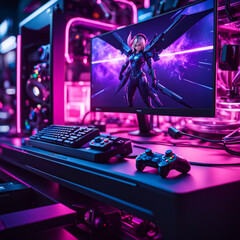 setup gamer nas cores roxo e rosa, imagem gerada por IA