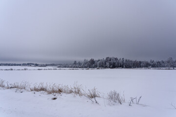 cold winter evening landscape in the countryside