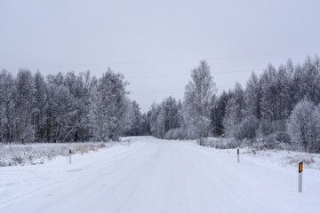 Fototapeta na wymiar frost-covered electricity wires crossing a road in the countryside - a winter landscape