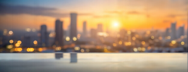 Sunset behind a blurred cityscape, with lights beginning to twinkle. The golden hour brings a soft glow to the urban skyline, reflecting off surfaces and signalling the transition from day to night. - obrazy, fototapety, plakaty