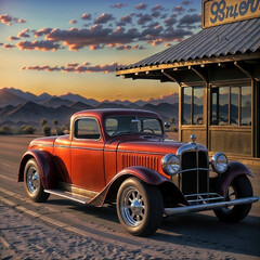 illustration of a vintage hot rod in front of a diner on a desert highway. generative ai
