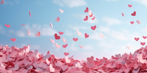 Pink paper hearts flying in blue sky. Valentine's day background. Love Romantic Banner
