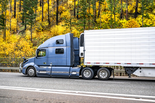 High extended cab blue big rig semi truck tractor transporting cargo in refrigerator semi trailer driving on the scenic autumn highway road with yellow hillside in Columbia Gorge
