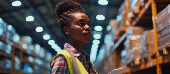 Female African American worker checking off items at distribution warehouse. - obrazy, fototapety, plakaty