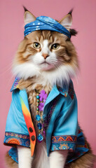 Cat dressed in hippy clothes. Humanization of animals concept.