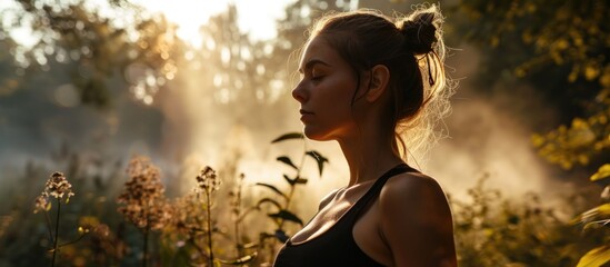 Woman doing yoga breath exercises for relaxation, spiritual wellness, and fitness in nature. - obrazy, fototapety, plakaty