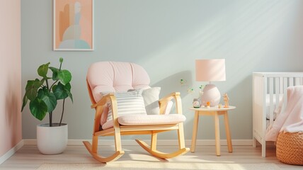 A gender-neutral nursery with pastel colors, a cozy rocking chair, and whimsical decorate  -Generative Ai