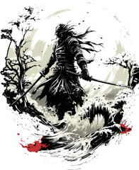 T-shirt design, digital illustration showing a ninja carrying a long sword