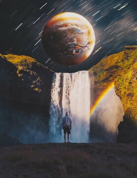 Psychedelic 4K Mars Illustration full shot man looking at nature waterfall 