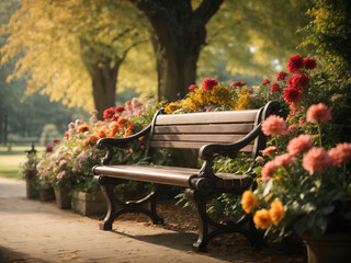 Art bench and flowers in the morning in an English park Design. - obrazy, fototapety, plakaty