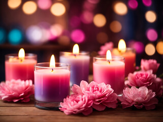 Obraz na płótnie Canvas Colorful dreamy candles on bokeh background on wooden table surrounded with pink flowers. Dreamy design, Candles against bokeh lights background for clean Spa, valentine, wedding theme. 