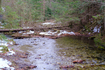 Small river in Strazyska valley in Winter. Tatra mountains in Poland, Europe