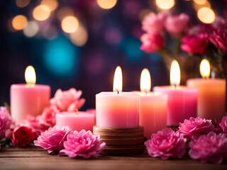 Obraz na płótnie Canvas Colorful dreamy candles on bokeh background on wooden table surrounded with pink flowers. Dreamy design, Candles against bokeh lights background for clean Spa, valentine, wedding theme. 