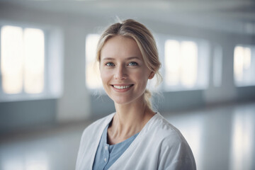 medium shot front view of young age blond swedish female doctor in doctors outfit looking at camera while standing in modern white hospital, copy space, design template