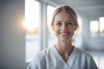 medium shot front view of young age swedish female doctor in doctors outfit looking at camera while standing in modern white hospital, copy space, design template - obrazy, fototapety, plakaty