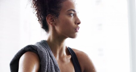 Fitness, sweating and woman in portrait in gym, sports and wellness with workout results. Brazilian athlete, face and model in training with dedication, health and thinking or commitment to exercise