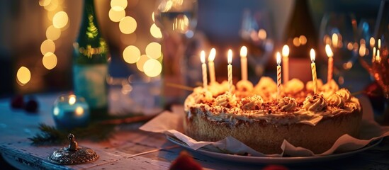 80th anniversary celebration with birthday cake and candles. - obrazy, fototapety, plakaty