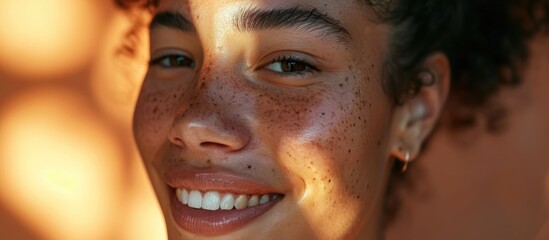 Happy woman using beauty products for healthy skincare and aesthetic shine. Young model with face freckles using cosmetic products and sunscreen for wellness and melasma. - obrazy, fototapety, plakaty