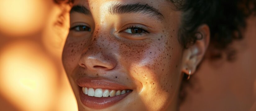 Happy Woman Using Beauty Products For Healthy Skincare And Aesthetic Shine. Young Model With Face Freckles Using Cosmetic Products And Sunscreen For Wellness And Melasma.