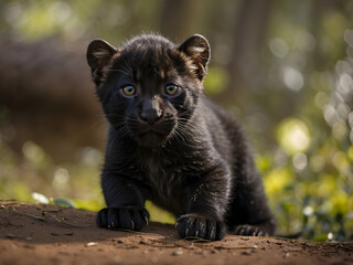 A panther kitten shyly explores the forest