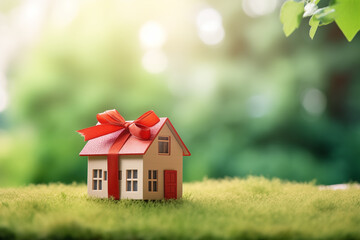 Housing as a gift concept. Win an apartment in the lottery. To inherit property. Buying an apartment at a low price. Present. House with red gift ribbon on green background