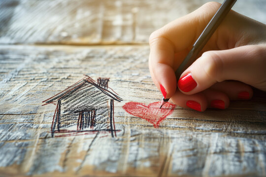 Woman's hand draws a house with red heart. Home sweet home concept. Dream housing. homesickness