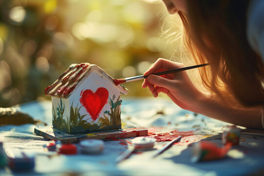 A girl draws a heart with a house outdoors on a sunny day. Home sweet home concept. Dream housing.