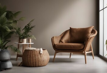 Australian minimalist composition of living room interior design with brown wicker armchair and plants - obrazy, fototapety, plakaty
