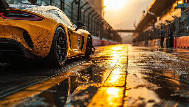photo taken by a camera on a racing track, in the style of dark black and yellow, poster, batik, sigma 85mm f/1.4 dg hsm art, beautiful, dynamic and action-packed, made of rubber created by ai