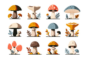 Abstract mushrooms. Forest plants different shapes, amanita, chanterelle, boletus, fly agaric, cartoon poisonous and edible fungi. Vector flat set