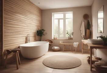 Fototapeta na wymiar Boho Scandinavian style in home interior background Beige bathroom with natural wooden furniture