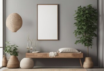 Vertical canvas mockup in minimal japandi interior background with plant tree and rustic decor 3d render